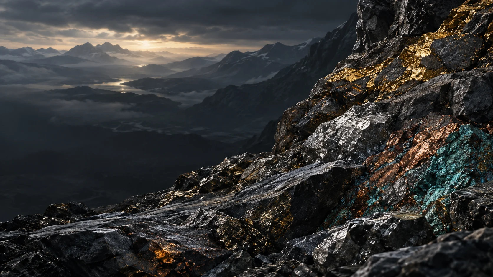 Mineral-bearing mountain landscape at dusk